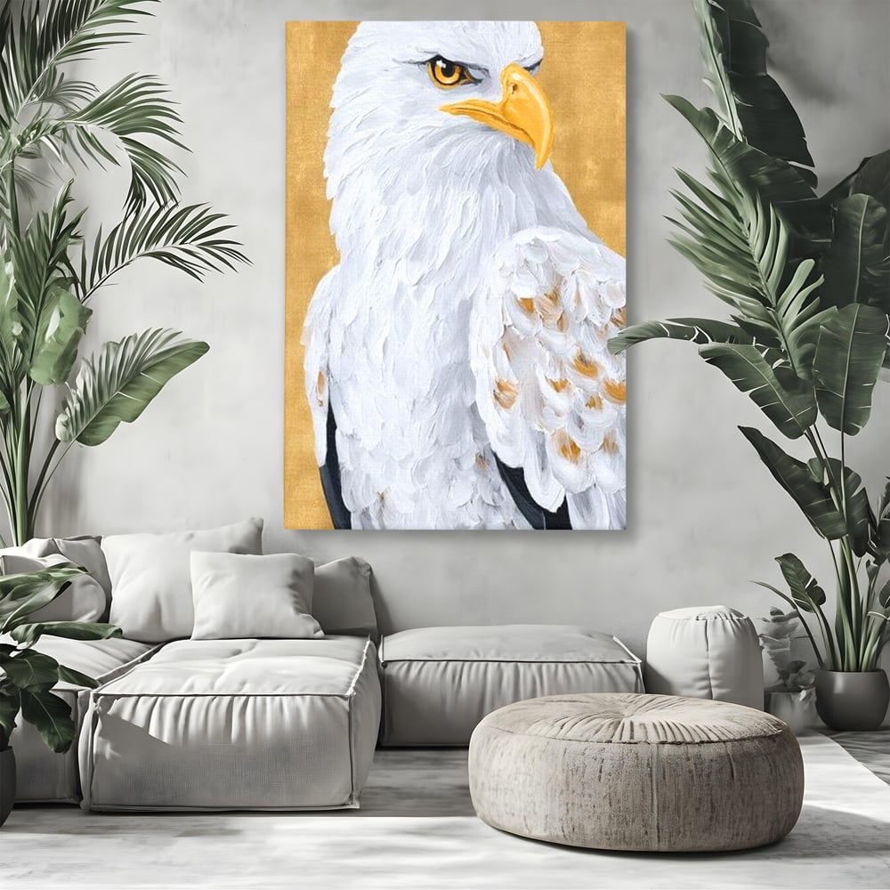 Tablou canvas cu tablou canvas cu vultur alb, fara rama, pe sasiu de lemn, pe perete intr-un living